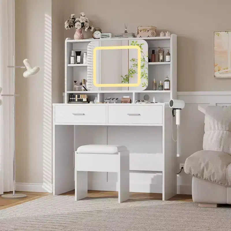 Coiffeuse GustoWave avec miroir coulissant, coiffeuse et tabouret avec lumières en 3 couleurs, coiffeuse pour filles avec station de charge