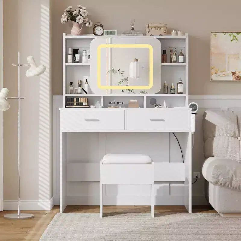 Coiffeuse GustoWave avec miroir coulissant, coiffeuse et tabouret avec lumières en 3 couleurs, coiffeuse pour filles avec station de charge