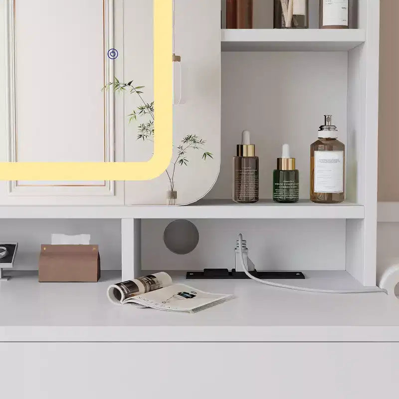 Coiffeuse GustoWave avec miroir coulissant, coiffeuse et tabouret avec lumières en 3 couleurs, coiffeuse pour filles avec station de charge