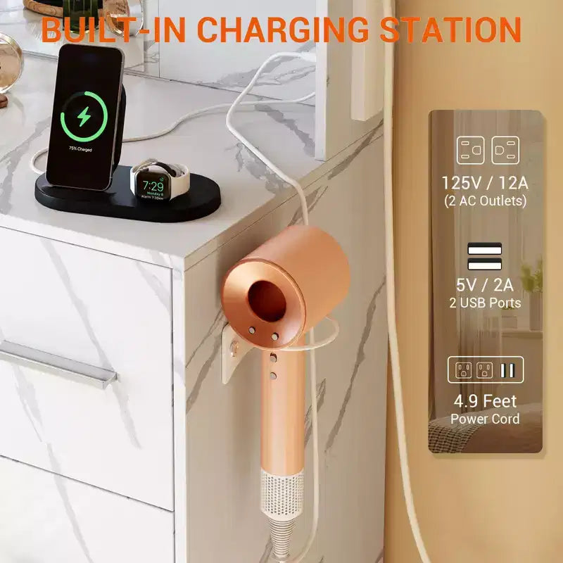 GustoWave Scrivania Toeletta con Specchio, Luci a Led, Presa di Corrente e Sgabello, Tavolo da Trucco con 7 Cassetti, Tavolo da Toeletta