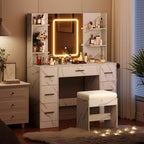 GustoWave Scrivania Toeletta con Specchio, Luci a Led, Presa di Corrente e Sgabello, Tavolo da Trucco con 7 Cassetti, Tavolo da Toeletta