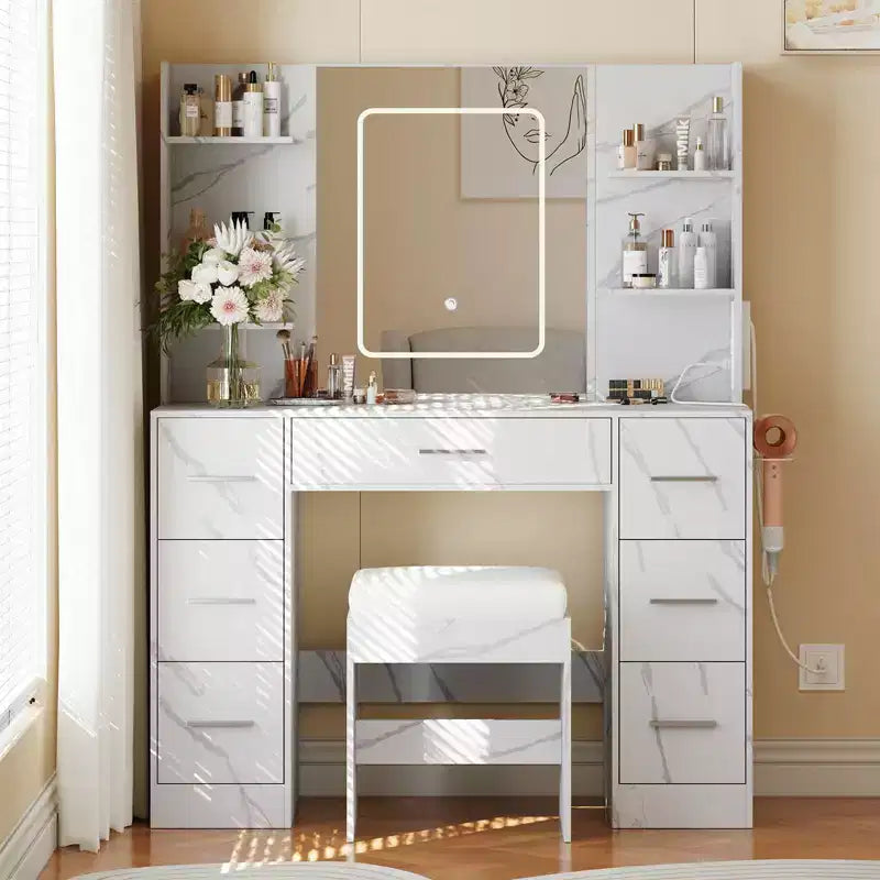 GustoWave Scrivania Toeletta con Specchio, Luci a Led, Presa di Corrente e Sgabello, Tavolo da Trucco con 7 Cassetti, Tavolo da Toeletta