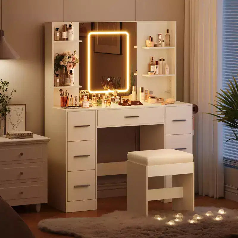 GustoWave Scrivania Toeletta con Specchio, Luci a Led, Presa di Corrente e Sgabello, Tavolo da Trucco con 7 Cassetti, Tavolo da Toeletta