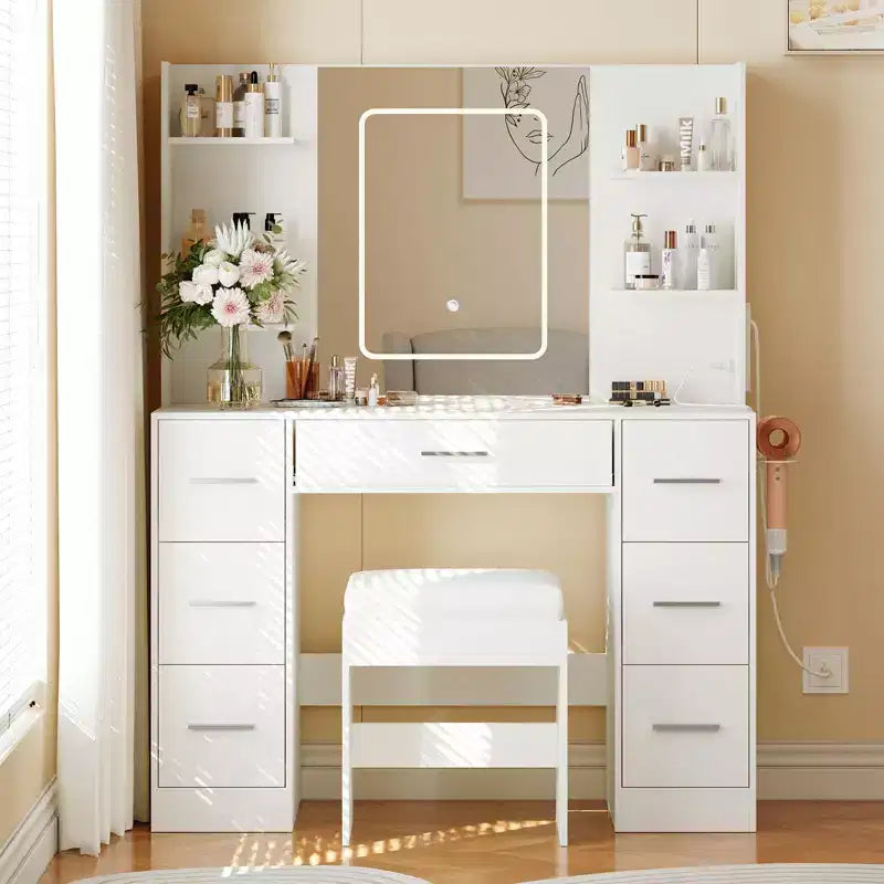 GustoWave Scrivania Toeletta con Specchio, Luci a Led, Presa di Corrente e Sgabello, Tavolo da Trucco con 7 Cassetti, Tavolo da Toeletta
