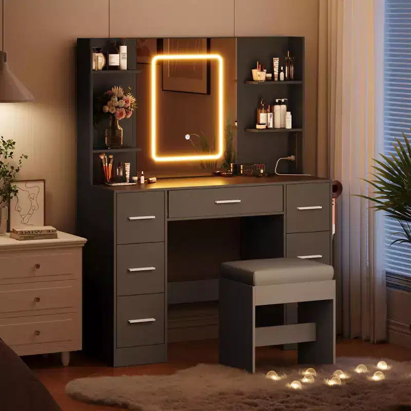 GustoWave Scrivania Toeletta con Specchio, Luci a Led, Presa di Corrente e Sgabello, Tavolo da Trucco con 7 Cassetti, Tavolo da Toeletta