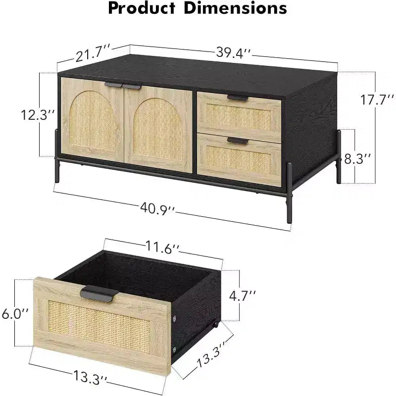 Table Basse Rectangulaire de Salon, Mid-Century Moderne, Noire et Chêne avec Portes en Rotin, Lumières LED, 2 Tiroirs et Meuble de Rangement
