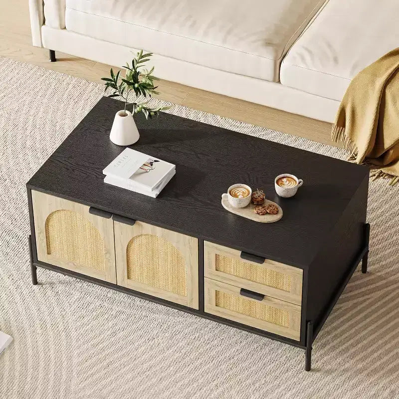 Table Basse Rectangulaire de Salon, Mid-Century Moderne, Noire et Chêne avec Portes en Rotin, Lumières LED, 2 Tiroirs et Meuble de Rangement