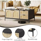 Table Basse Rectangulaire de Salon, Mid-Century Moderne, Noire et Chêne avec Portes en Rotin, Lumières LED, 2 Tiroirs et Meuble de Rangement