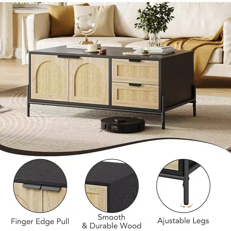 Table Basse Rectangulaire de Salon, Mid-Century Moderne, Noire et Chêne avec Portes en Rotin, Lumières LED, 2 Tiroirs et Meuble de Rangement
