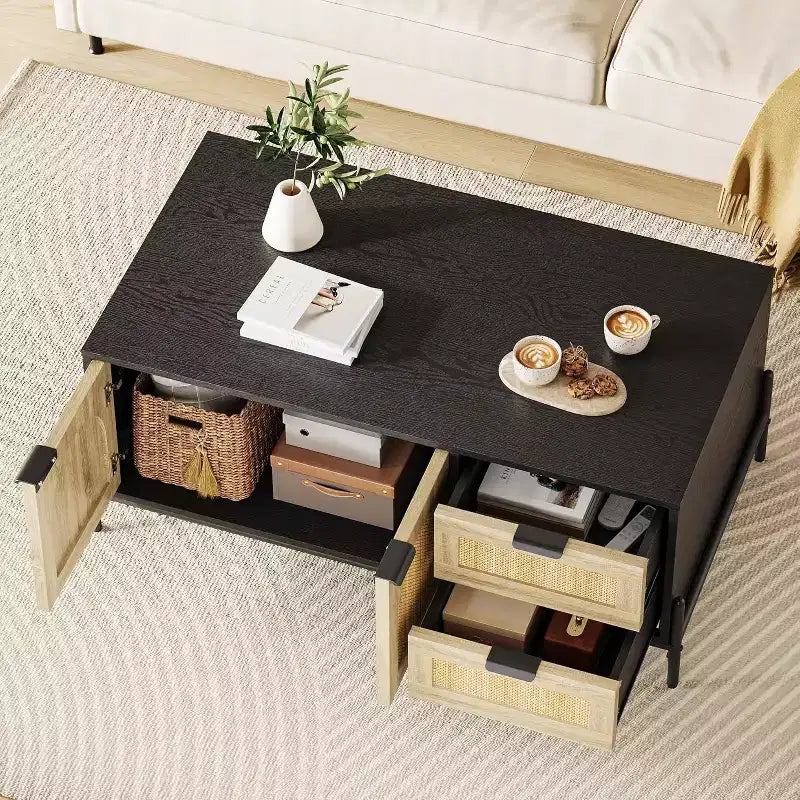 Table Basse Rectangulaire de Salon, Mid-Century Moderne, Noire et Chêne avec Portes en Rotin, Lumières LED, 2 Tiroirs et Meuble de Rangement