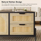 Table Basse Rectangulaire de Salon, Mid-Century Moderne, Noire et Chêne avec Portes en Rotin, Lumières LED, 2 Tiroirs et Meuble de Rangement