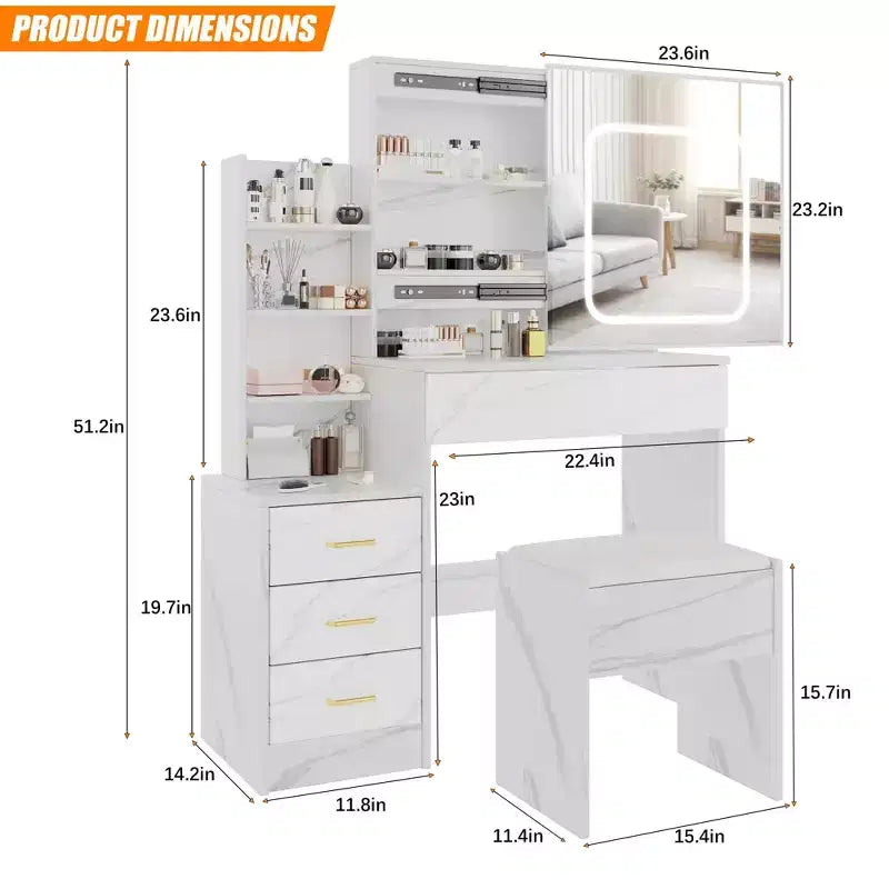 Coiffeuse GustoWave avec lumières LED, coiffeuse de maquillage avec miroir coulissant éclairé, station de charge, table de toilette