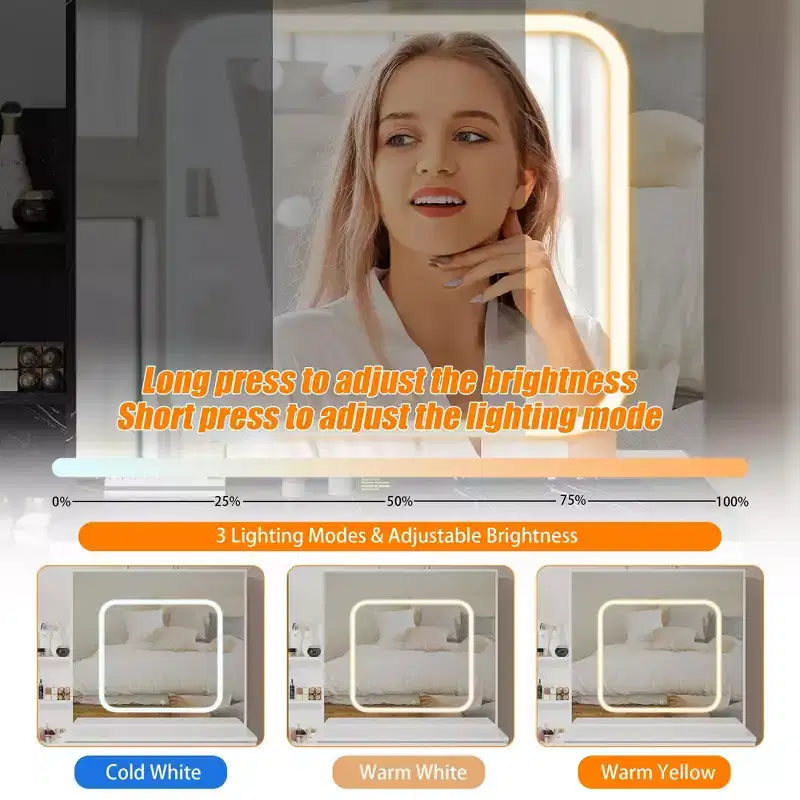 Coiffeuse GustoWave avec lumières LED, coiffeuse de maquillage avec miroir coulissant éclairé, station de charge, table de toilette