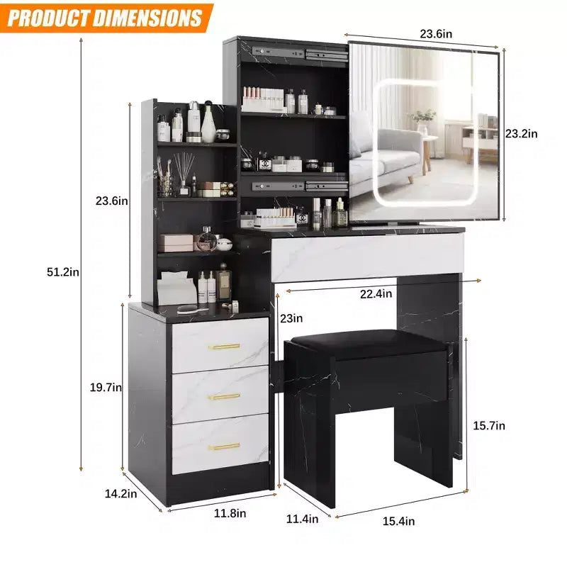 Coiffeuse GustoWave avec lumières LED, coiffeuse de maquillage avec miroir coulissant éclairé, station de charge, table de toilette