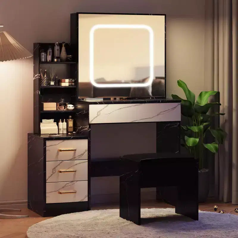 Coiffeuse GustoWave avec lumières LED, coiffeuse de maquillage avec miroir coulissant éclairé, station de charge, table de toilette