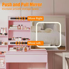 Coiffeuse GustoWave avec lumières LED, coiffeuse de maquillage avec miroir coulissant éclairé, station de charge, table de toilette