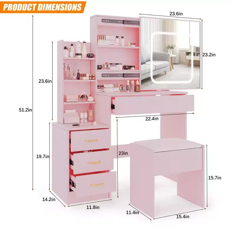 Coiffeuse GustoWave avec lumières LED, coiffeuse de maquillage avec miroir coulissant éclairé, station de charge, table de toilette