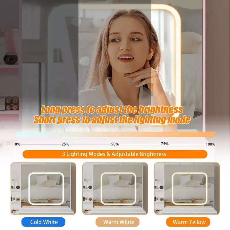 Coiffeuse GustoWave avec lumières LED, coiffeuse de maquillage avec miroir coulissant éclairé, station de charge, table de toilette