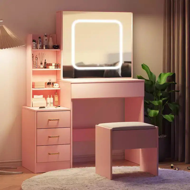 Coiffeuse GustoWave avec lumières LED, coiffeuse de maquillage avec miroir coulissant éclairé, station de charge, table de toilette