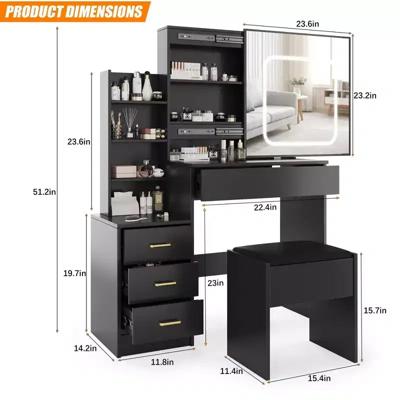 Coiffeuse GustoWave avec lumières LED, coiffeuse de maquillage avec miroir coulissant éclairé, station de charge, table de toilette