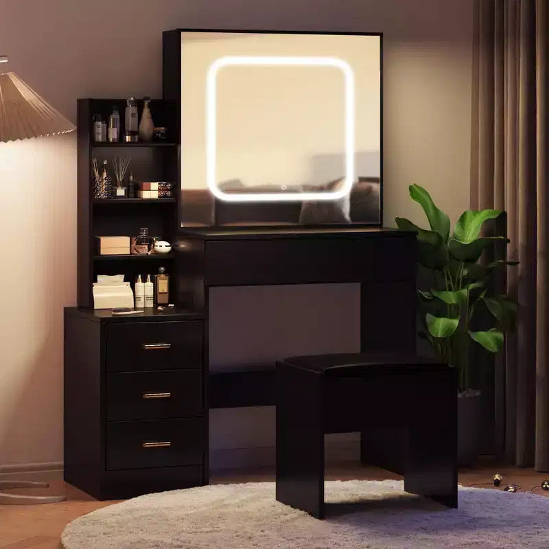 Coiffeuse GustoWave avec lumières LED, coiffeuse de maquillage avec miroir coulissant éclairé, station de charge, table de toilette