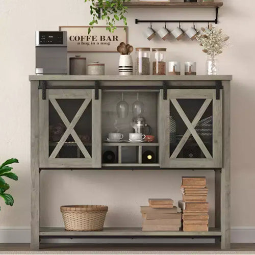 60 Farmhouse Coffee Bar & Wine Cabinet with Sliding Barn Doors - Rustic Sideboard with Built-in Wine Racks, Open Shelves