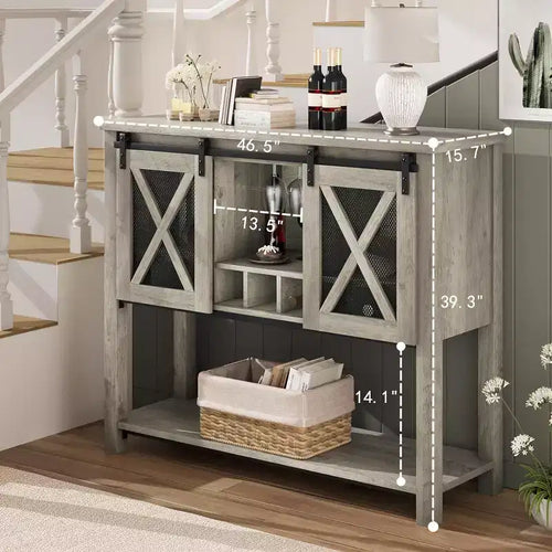 Meuble de bar à café et à vin de ferme de 60 pouces avec portes coulissantes de grange - Buffet rustique avec casiers à vin intégrés, étagères ouvertes