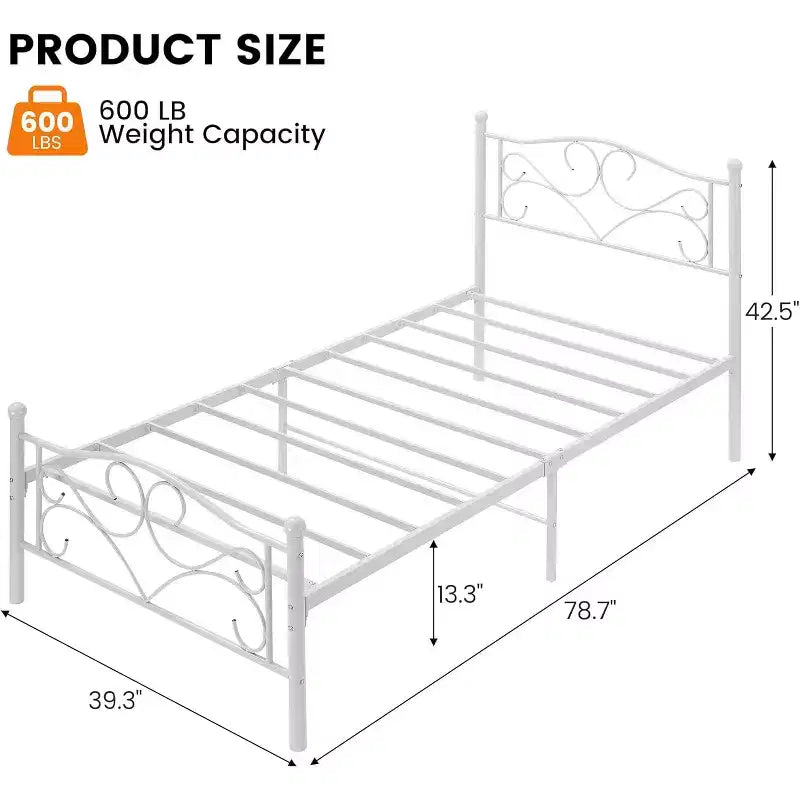 Struttura Letto Singolo Bianco con Testiera, Base per Materasso in Metallo Resistente con Doghe in Acciaio, Nessun Box Spring Necessario, Silenzioso e Durevole