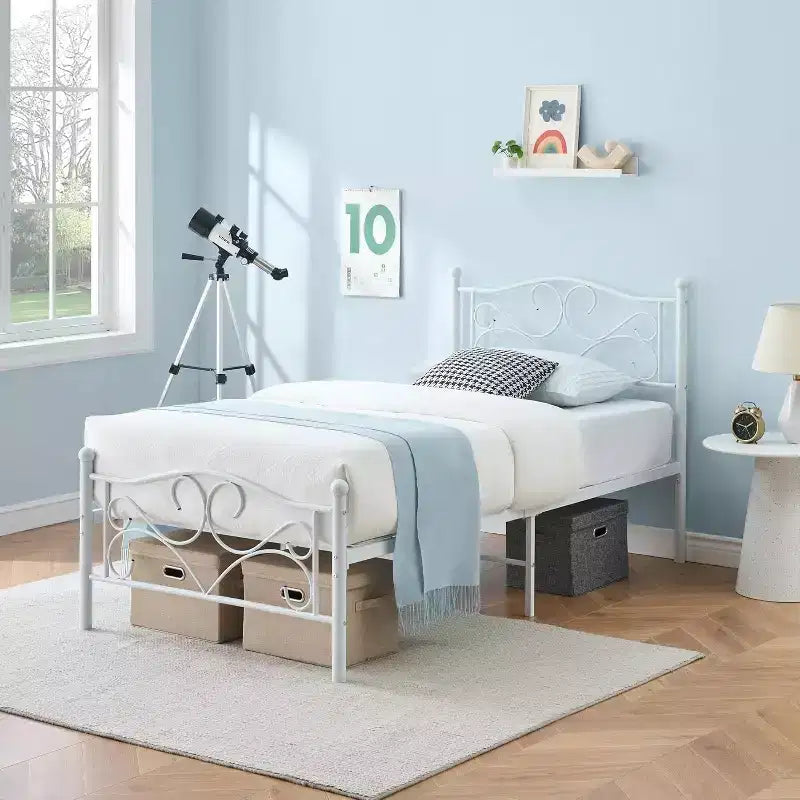 Struttura Letto Singolo Bianco con Testiera, Base per Materasso in Metallo Resistente con Doghe in Acciaio, Nessun Box Spring Necessario, Silenzioso e Durevole