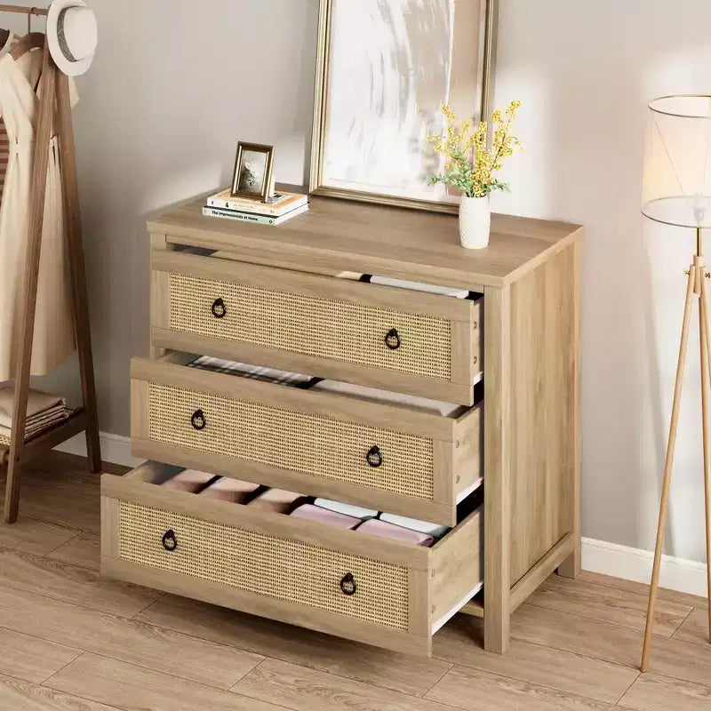 TROPOW Comò ampio, Comò ampio in stile boho con cassetti e contenitore, Cassettiera in legno indipendente per camera da letto, cameretta dei bambini, soggiorno