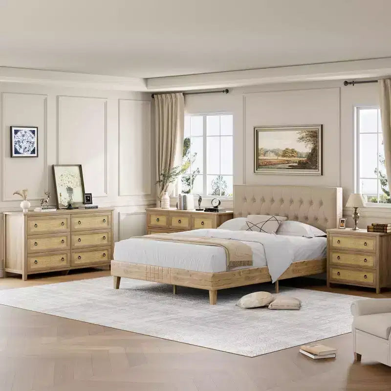 TROPOW Comò ampio, Comò ampio in stile boho con cassetti e contenitore, Cassettiera in legno indipendente per camera da letto, cameretta dei bambini, soggiorno