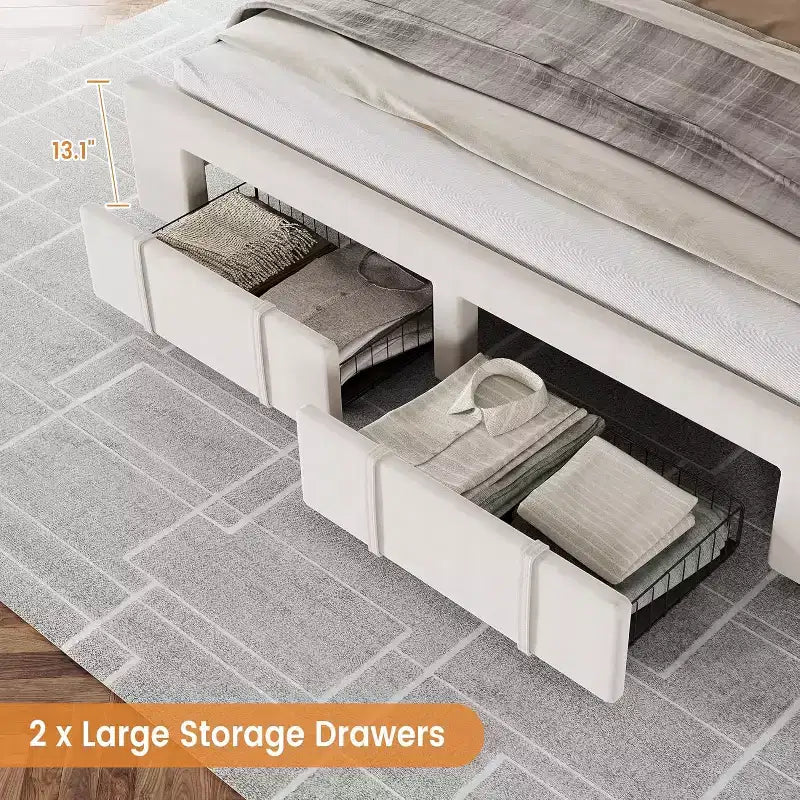 Struttura letto imbottita con piattaforma, Full/Queen/King Size, con 2 cassetti portaoggetti, doghe in legno massiccio, nessuna molla richiesta, silenziosa