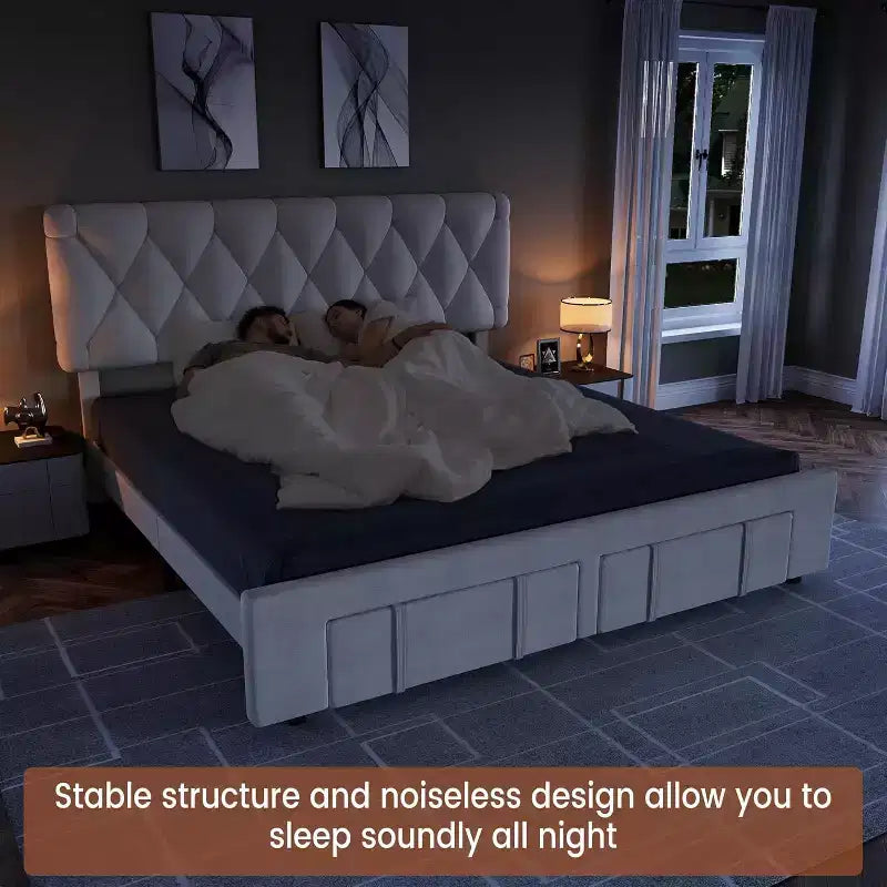 Struttura letto imbottita con piattaforma, Full/Queen/King Size, con 2 cassetti portaoggetti, doghe in legno massiccio, nessuna molla richiesta, silenziosa