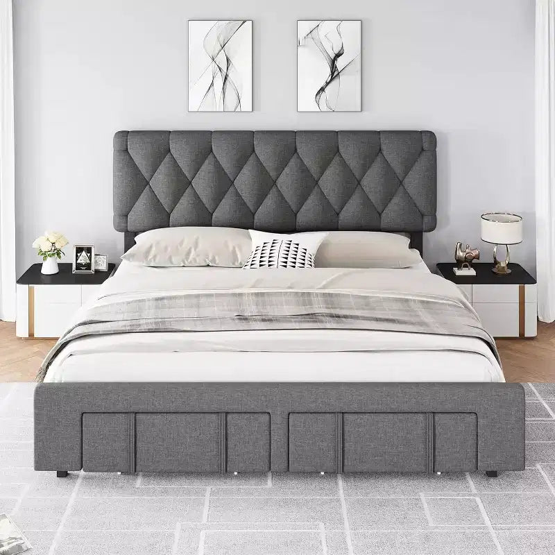 Struttura letto imbottita con piattaforma, Full/Queen/King Size, con 2 cassetti portaoggetti, doghe in legno massiccio, nessuna molla richiesta, silenziosa