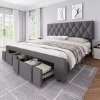 Struttura letto imbottita con piattaforma, Full/Queen/King Size, con 2 cassetti portaoggetti, doghe in legno massiccio, nessuna molla richiesta, silenziosa