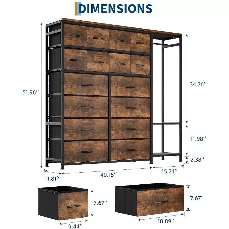Cassettiera a 16 cassetti per camera da letto, organizer per vestiti con asta appendiabiti, cassettiera alta 51 cm con contenitori in tessuto, cassettiera grande per armadio