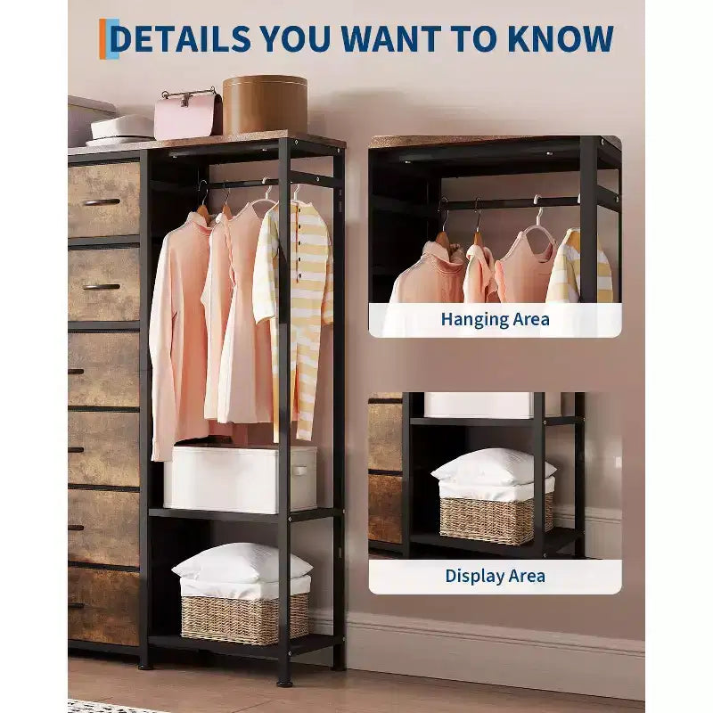 Cassettiera a 16 cassetti per camera da letto, organizer per vestiti con asta appendiabiti, cassettiera alta 51 cm con contenitori in tessuto, cassettiera grande per armadio