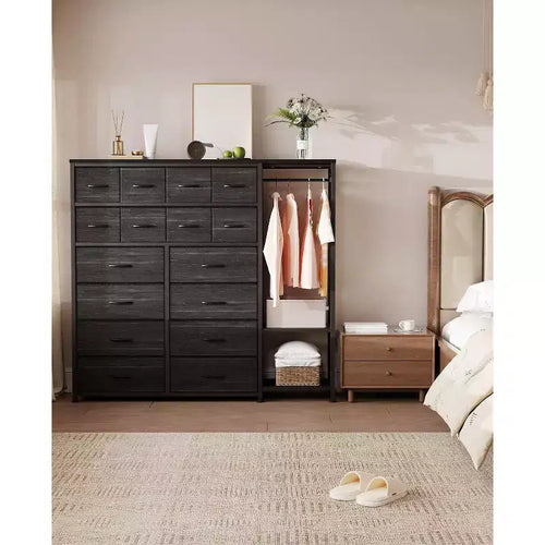 16 Drawers Dresser for Bedroom, Clothes Storage Organizer with Hanging Rack, 51 Tall Chest of Drawers with Fabric Bins, Large Closet Dresser