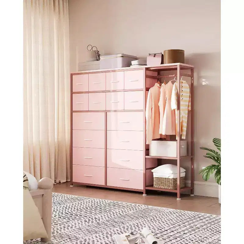 Cassettiera a 16 cassetti per camera da letto, organizer per vestiti con asta appendiabiti, cassettiera alta 51 cm con contenitori in tessuto, cassettiera grande per armadio