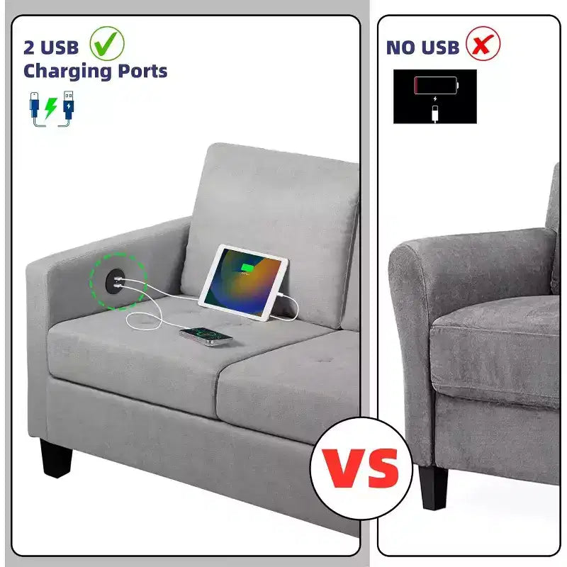 TYBOATLE 72 Divano a 3 Posti con Porte USB, Divano Grigio Moderno di Metà Secolo per Soggiorno, Camera da Letto, Appartamento Design Confortevole e Salvaspazio