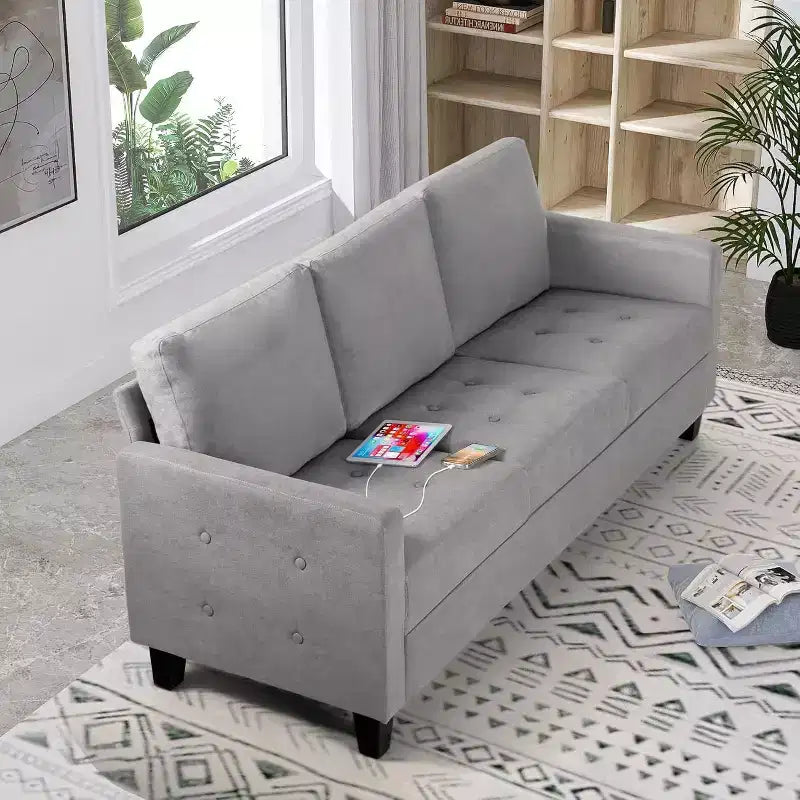 TYBOATLE 72 Divano a 3 Posti con Porte USB, Divano Grigio Moderno di Metà Secolo per Soggiorno, Camera da Letto, Appartamento Design Confortevole e Salvaspazio