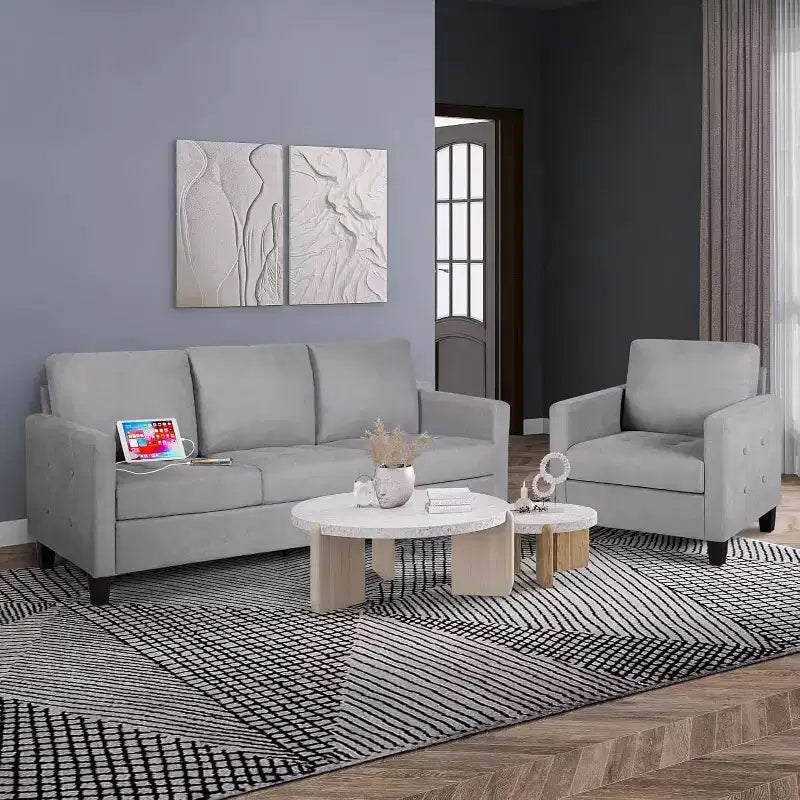 TYBOATLE 72 Divano a 3 Posti con Porte USB, Divano Grigio Moderno di Metà Secolo per Soggiorno, Camera da Letto, Appartamento Design Confortevole e Salvaspazio