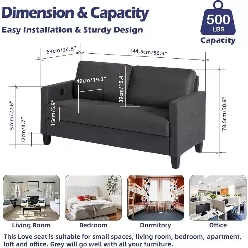 TYBOATLE 72 Divano a 3 Posti con Porte USB, Divano Grigio Moderno di Metà Secolo per Soggiorno, Camera da Letto, Appartamento Design Confortevole e Salvaspazio