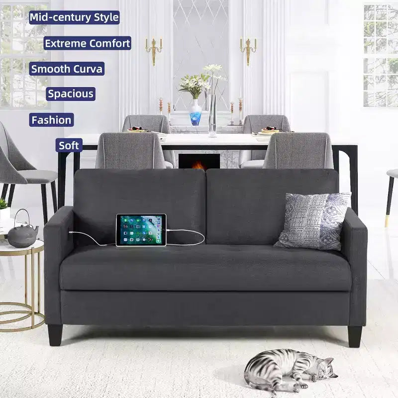 TYBOATLE 72 Divano a 3 Posti con Porte USB, Divano Grigio Moderno di Metà Secolo per Soggiorno, Camera da Letto, Appartamento Design Confortevole e Salvaspazio