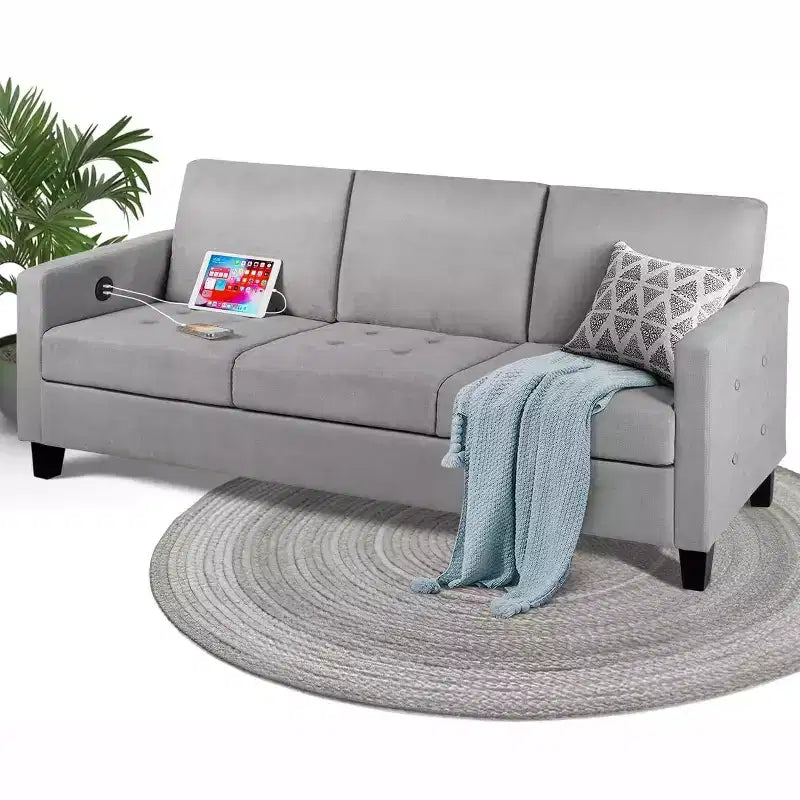 TYBOATLE 72 Divano a 3 Posti con Porte USB, Divano Grigio Moderno di Metà Secolo per Soggiorno, Camera da Letto, Appartamento Design Confortevole e Salvaspazio