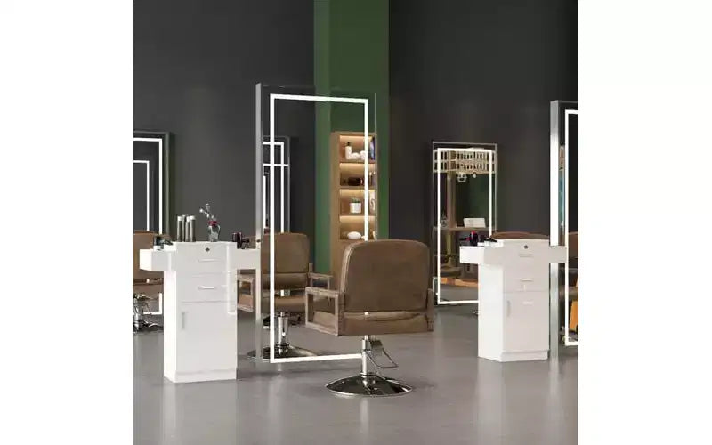 Karl Home Armadietto per barbiere in legno autoportante con 2 cassetti, 1 armadietto e 6 supporti per asciugacapelli