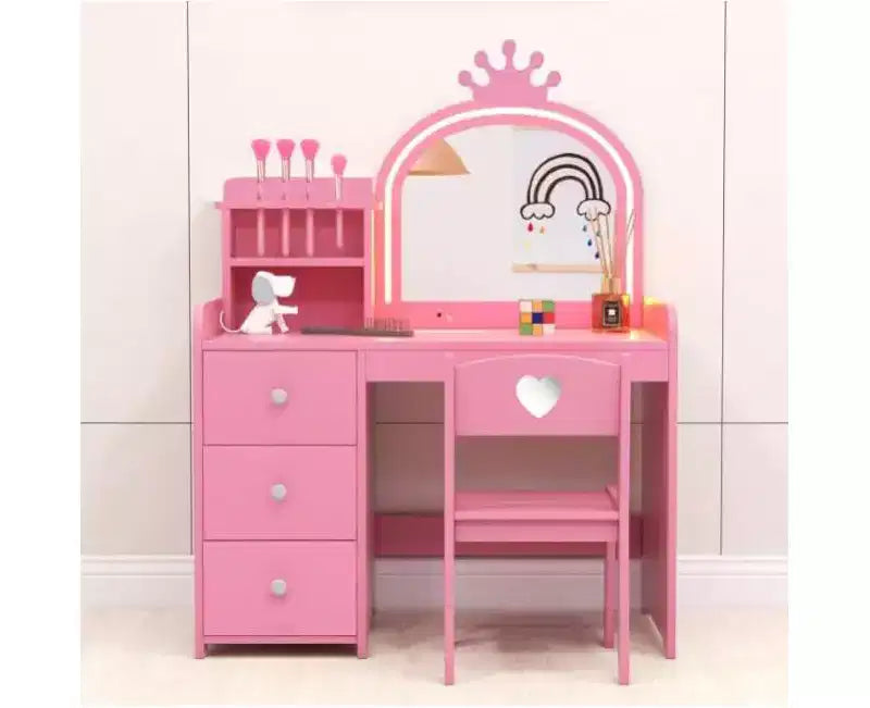 TROPOW Toletta per Bambini con Specchio e Luci, Toeletta Trucco da Principessa in Legno con Sedia, Scaffali e Cassetti, Tavolo da Toeletta 2 in 1 per Ragazze