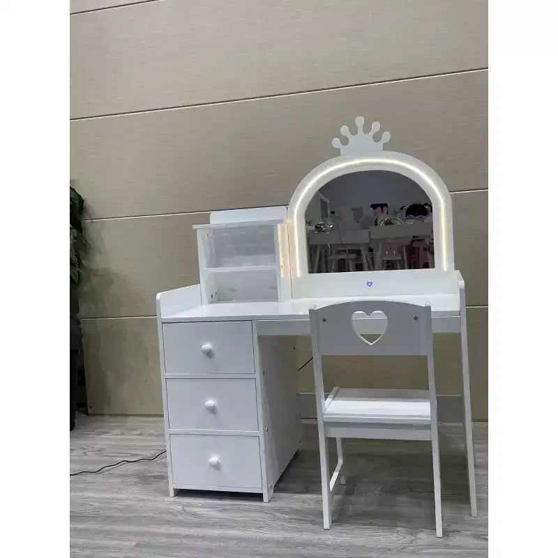 TROPOW Kids Vanity Desk with Mirror and Lights, Princess Wooden Makeup Vanity with Chair, Storage Shelves and Drawers, 2-in-1 Girls Dressing Table