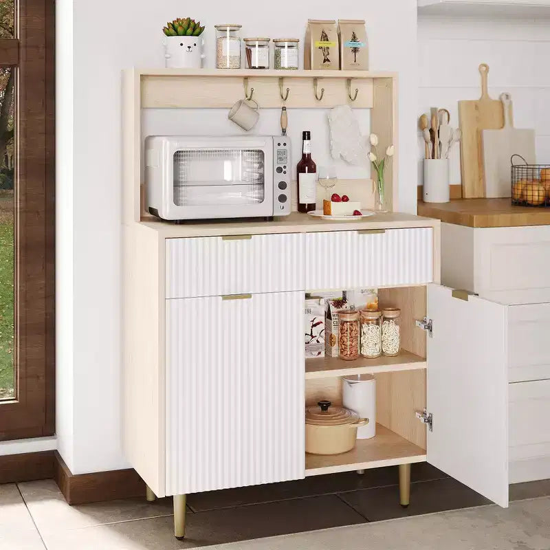 Credenza a buffet da 48 pollici, mobile bar fluted con 2 cassetti e ripiani regolabili, consolle in legno, armadietto da cucina