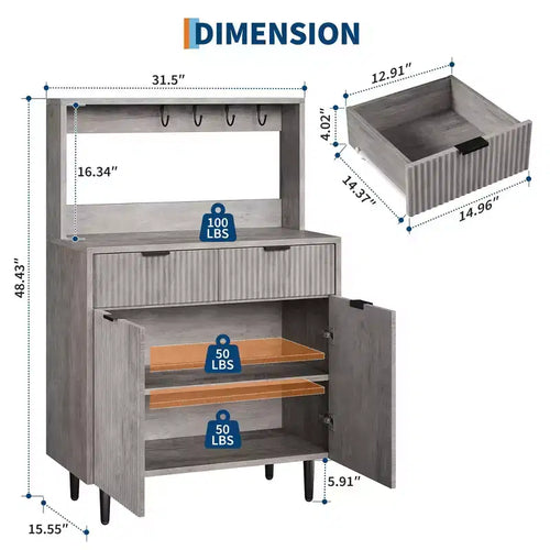 Credenza a buffet da 48 pollici, mobile bar fluted con 2 cassetti e ripiani regolabili, consolle in legno, armadietto da cucina